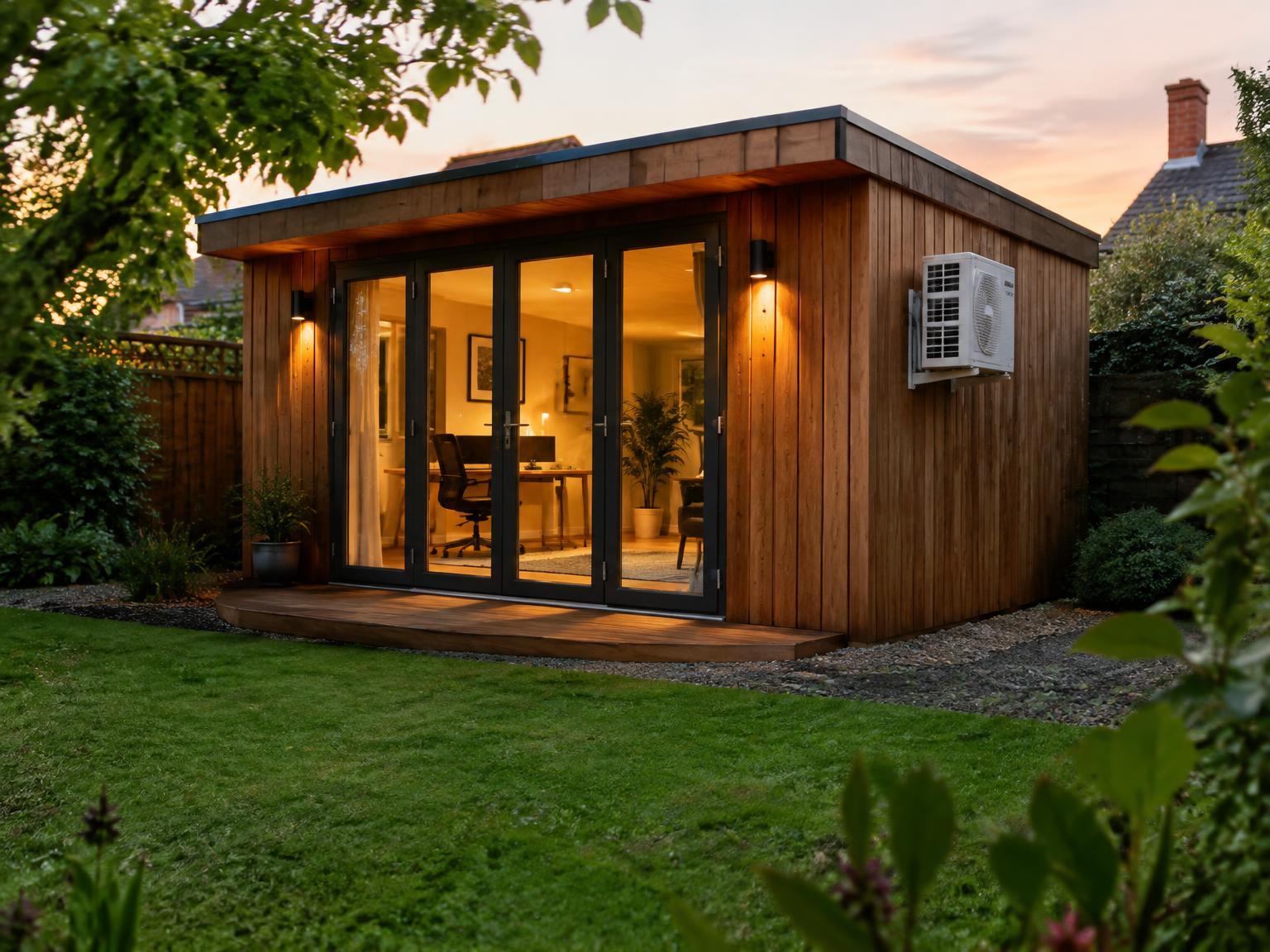 Timber garden office at dusk with an outdoor air conditioning unit on the side wall