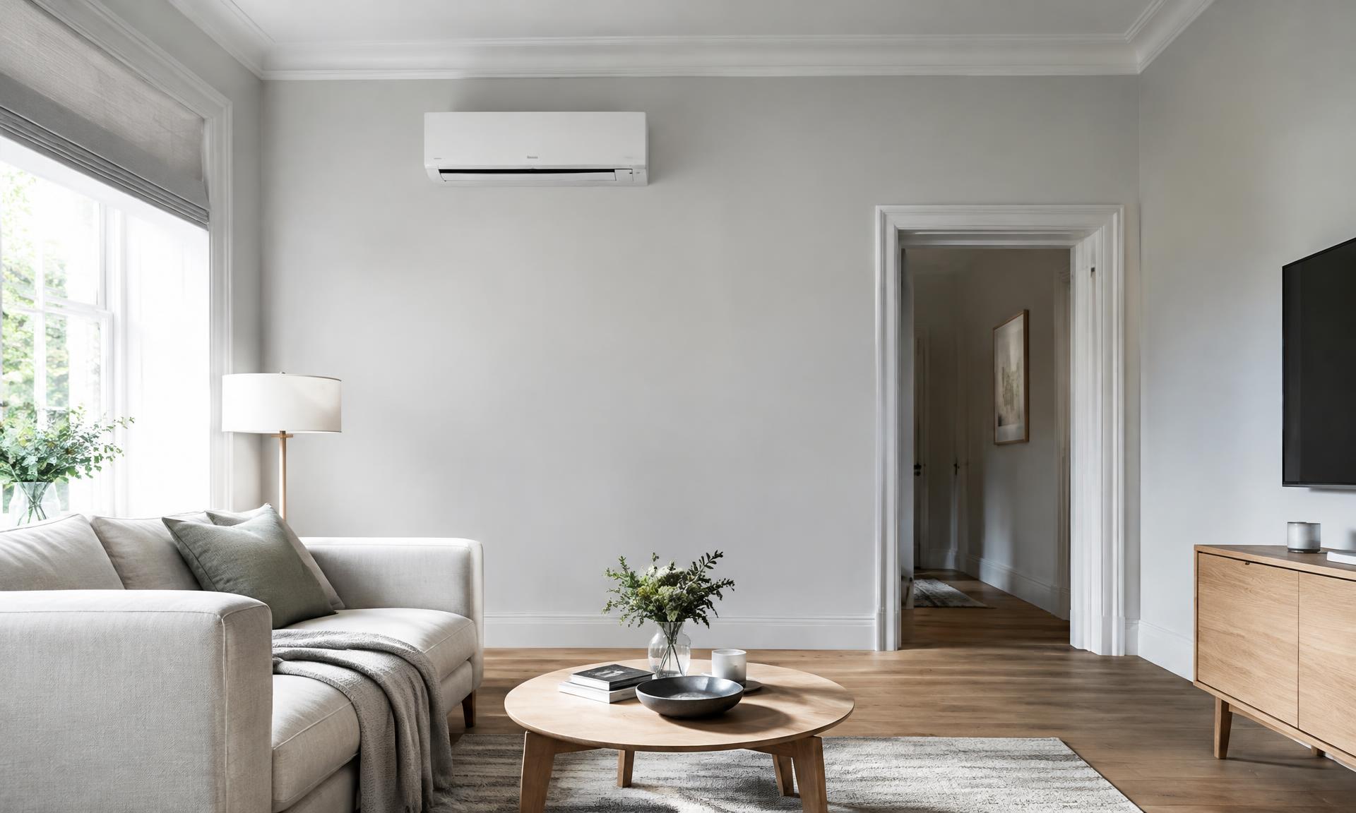 Bright living room with a white wall-mounted air conditioning unit